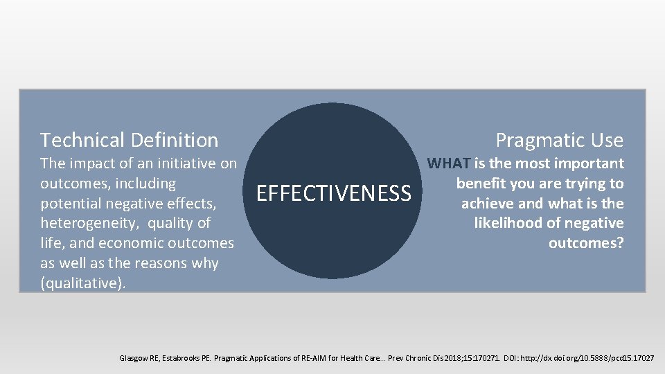 Pragmatic Use Technical Definition The impact of an initiative on outcomes, including potential negative