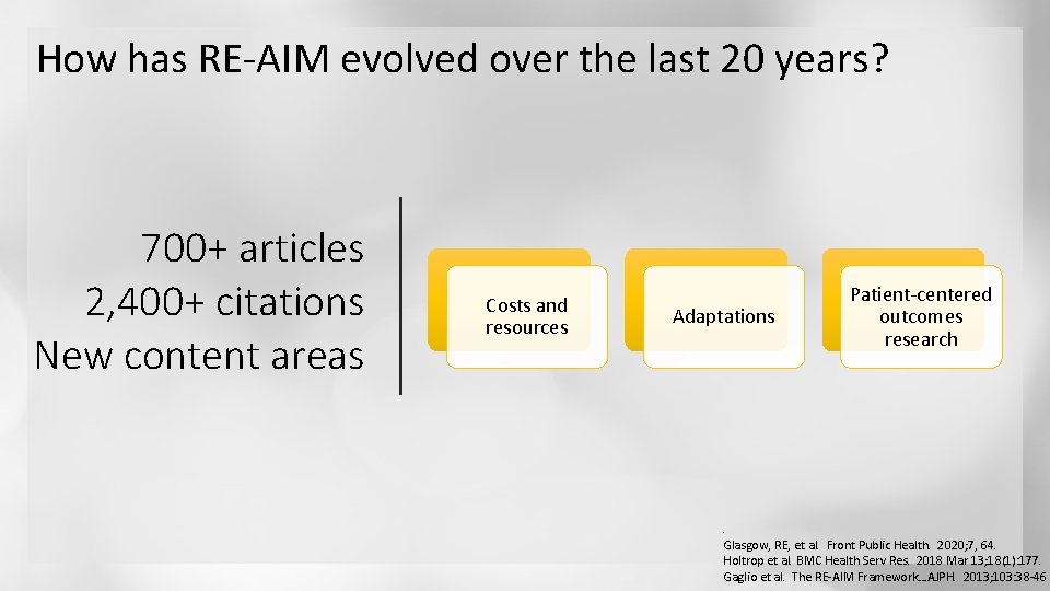 How has RE-AIM evolved over the last 20 years? 700+ articles 2, 400+ citations