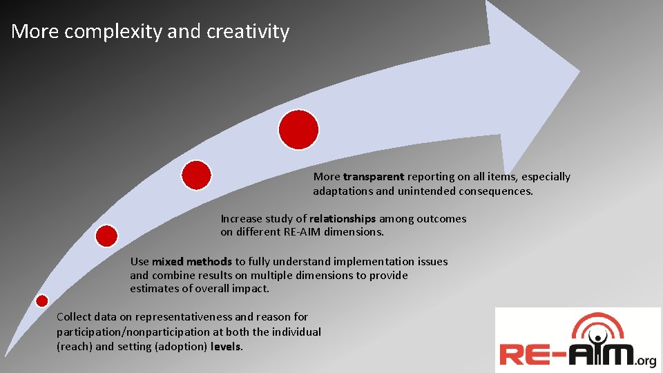 More complexity and creativity More transparent reporting on all items, especially adaptations and unintended