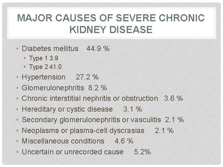 MAJOR CAUSES OF SEVERE CHRONIC KIDNEY DISEASE • Diabetes mellitus 44. 9 % •