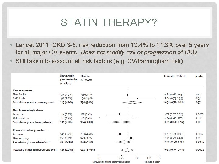 STATIN THERAPY? • Lancet 2011: CKD 3 -5: risk reduction from 13. 4% to