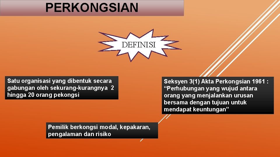 PERKONGSIAN DEFINISI Satu organisasi yang dibentuk secara gabungan oleh sekurang-kurangnya 2 hingga 20 orang