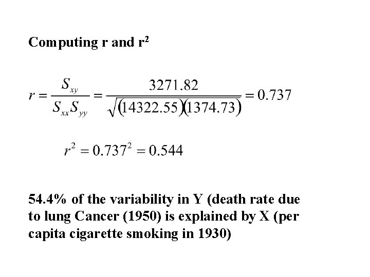 Computing r and r 2 54. 4% of the variability in Y (death rate
