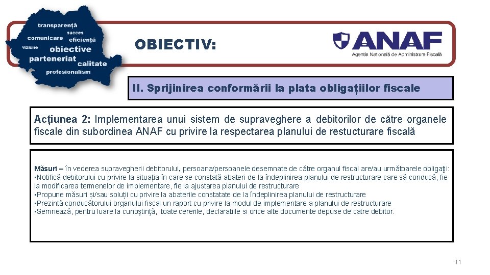 OBIECTIV: II. Sprijinirea conformării la plata obligațiilor fiscale Acțiunea 2: Implementarea unui sistem de