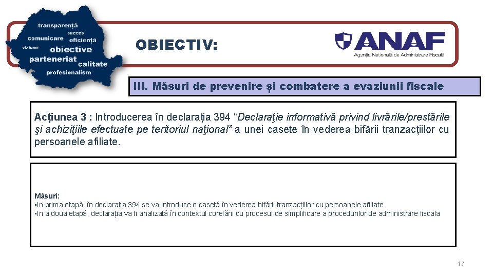 OBIECTIV: III. Măsuri de prevenire și combatere a evaziunii fiscale Acțiunea 3 : Introducerea