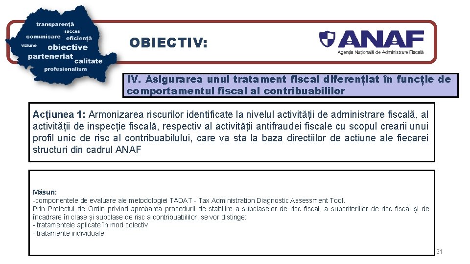 OBIECTIV: IV. Asigurarea unui tratament fiscal diferențiat în funcție de comportamentul fiscal al contribuabililor