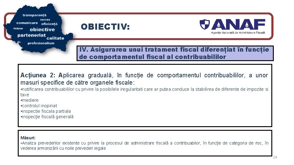 OBIECTIV: IV. Asigurarea unui tratament fiscal diferențiat în funcție de comportamentul fiscal al contribuabililor