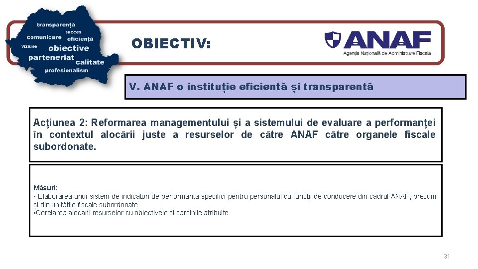 OBIECTIV: V. ANAF o instituție eficientă și transparentă Acțiunea 2: Reformarea managementului și a