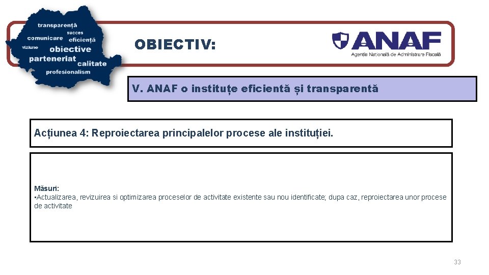 OBIECTIV: V. ANAF o instituțe eficientă și transparentă Acțiunea 4: Reproiectarea principalelor procese ale