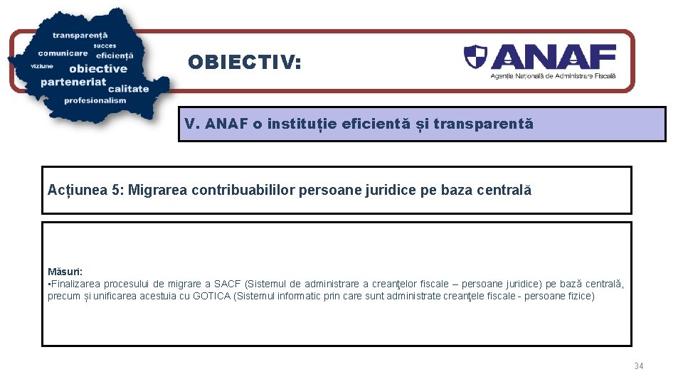 OBIECTIV: V. ANAF o instituție eficientă și transparentă Acțiunea 5: Migrarea contribuabililor persoane juridice