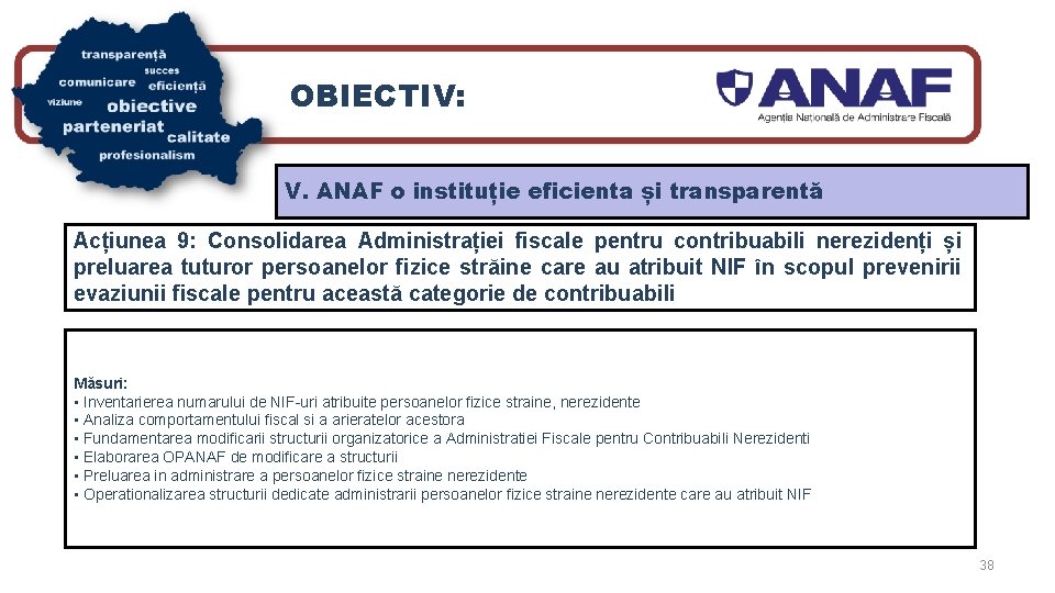 OBIECTIV: V. ANAF o instituție eficienta și transparentă Acțiunea 9: Consolidarea Administrației fiscale pentru