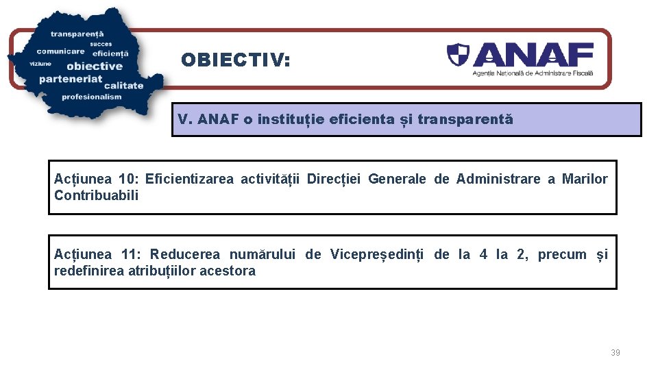 OBIECTIV: V. ANAF o instituție eficienta și transparentă Acțiunea 10: Eficientizarea activității Direcției Generale