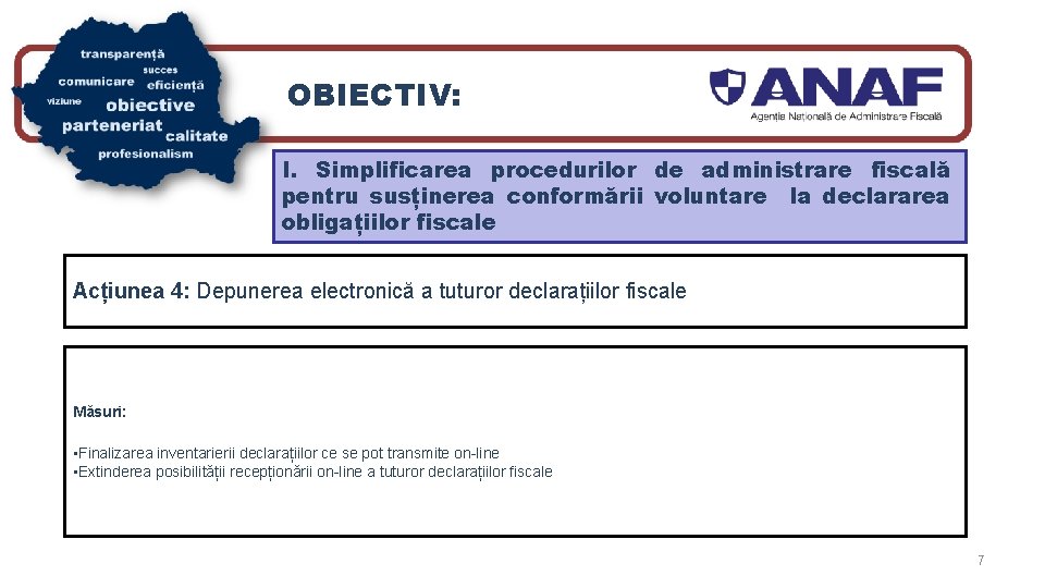 OBIECTIV: I. Simplificarea procedurilor de administrare fiscală pentru susținerea conformării voluntare la declararea obligațiilor