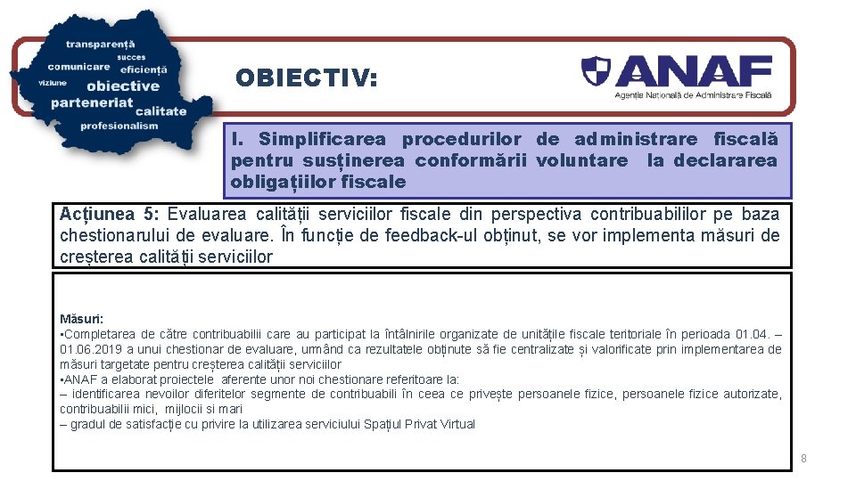 OBIECTIV: I. Simplificarea procedurilor de administrare fiscală pentru susținerea conformării voluntare la declararea obligațiilor