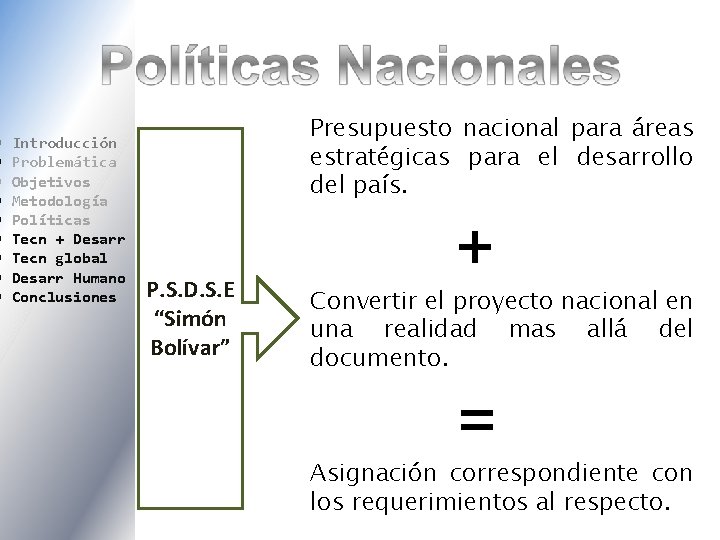  Introducción Problemática Objetivos Metodología Políticas Tecn + Desarr Tecn global Desarr Humano Conclusiones