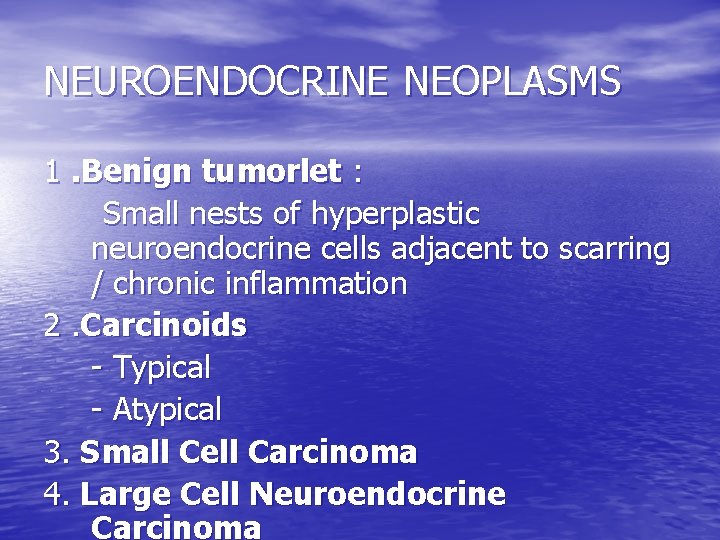 NEUROENDOCRINE NEOPLASMS 1. Benign tumorlet : Small nests of hyperplastic neuroendocrine cells adjacent to