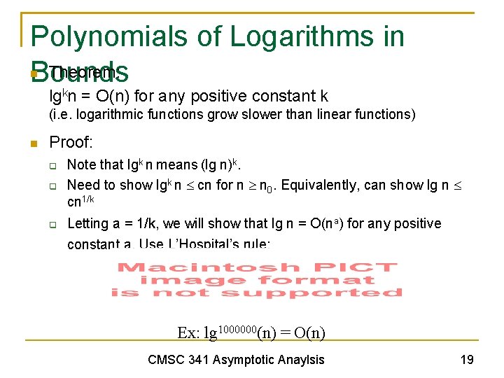 Polynomials of Logarithms in Theorem: Bounds lgkn = O(n) for any positive constant k