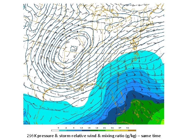 296 K pressure & storm-relative wind & mixing ratio (g/kg) – same time 