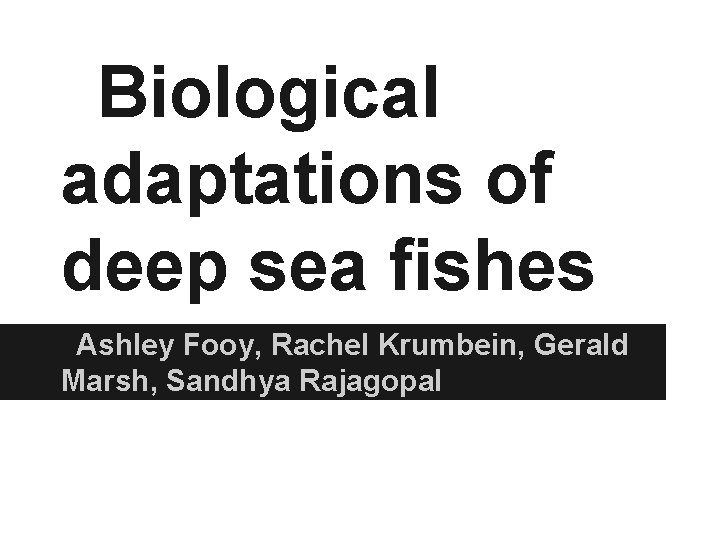 Biological adaptations of deep sea fishes Ashley Fooy, Rachel Krumbein, Gerald Marsh, Sandhya Rajagopal