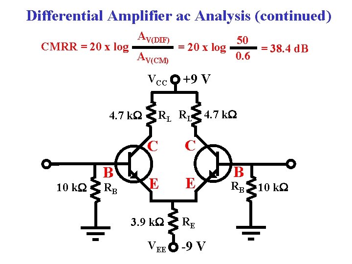 Differential Amplifier ac Analysis (continued) CMRR = 20 x log AV(DIF) AV(CM) VCC 4.