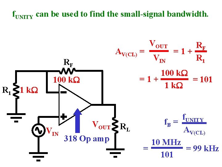f. UNITY can be used to find the small-signal bandwidth. AV(CL) = RF VIN