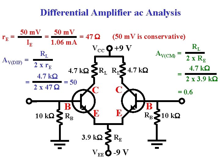 Differential Amplifier ac Analysis 50 m. V (50 m. V is conservative) = 47