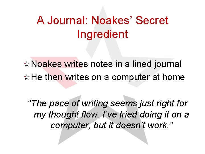 A Journal: Noakes’ Secret Ingredient Noakes writes notes in a lined journal He then