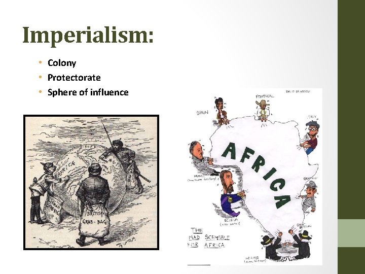 Imperialism: • Colony • Protectorate • Sphere of influence 