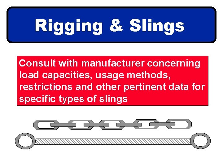 Rigging & Slings Consult with manufacturer concerning load capacities, usage methods, restrictions and other