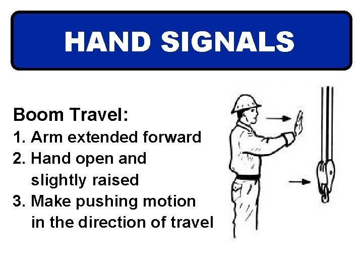 HAND SIGNALS Boom Travel: 1. Arm extended forward 2. Hand open and slightly raised