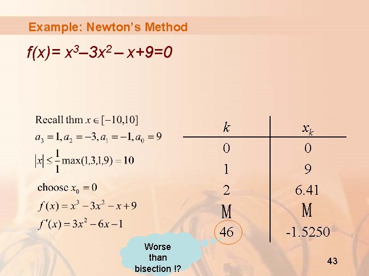 Example: Newton’s Method f(x)= x 3– 3 x 2 – x+9=0 Worse than bisection