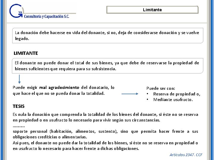 Limitante La donación debe hacerse en vida del donante, si no, deja de considerarse Limitante La donación debe hacerse en vida del donante, si no, deja de considerarse