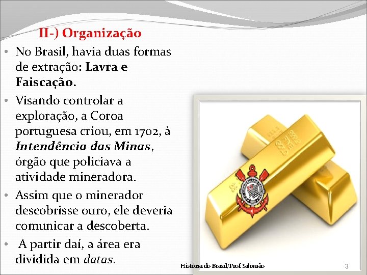  • • II-) Organização No Brasil, havia duas formas de extração: Lavra e