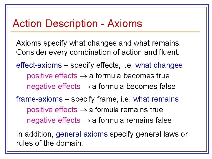 Action Description - Axioms specify what changes and what remains. Consider every combination of