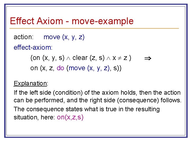Effect Axiom - move-example action: move (x, y, z) effect-axiom: (on (x, y, s)