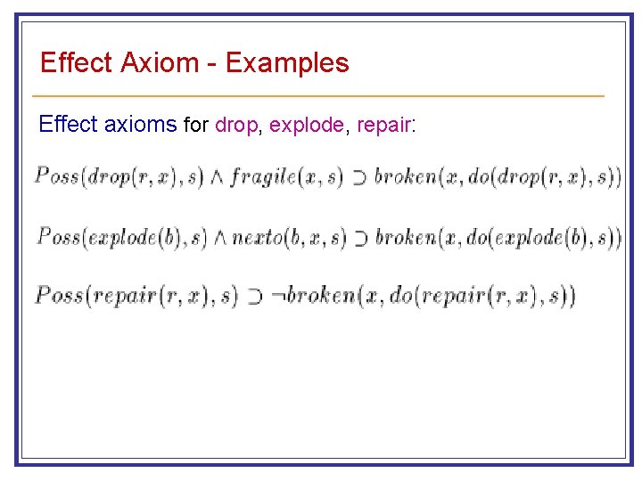 Effect Axiom - Examples Effect axioms for drop, explode, repair: 