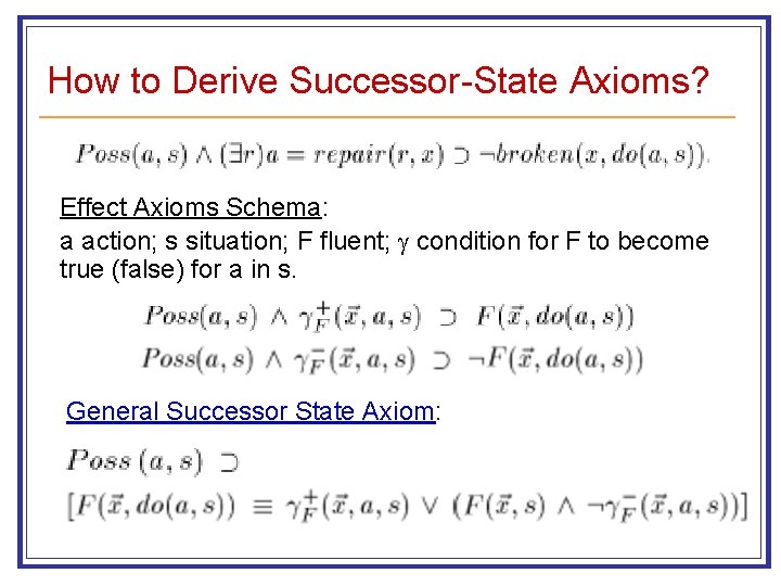 How to Derive Successor-State Axioms? Effect Axioms Schema: a action; s situation; F fluent;