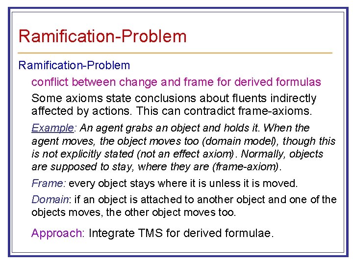 Ramification-Problem conflict between change and frame for derived formulas Some axioms state conclusions about
