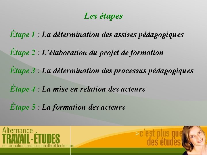 Les étapes Étape 1 : La détermination des assises pédagogiques Étape 2 : L'élaboration