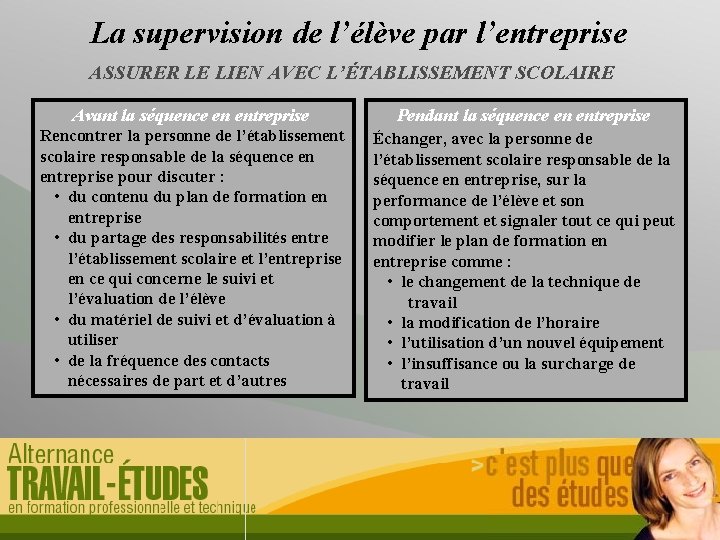La supervision de l’élève par l’entreprise ASSURER LE LIEN AVEC L’ÉTABLISSEMENT SCOLAIRE Avant la