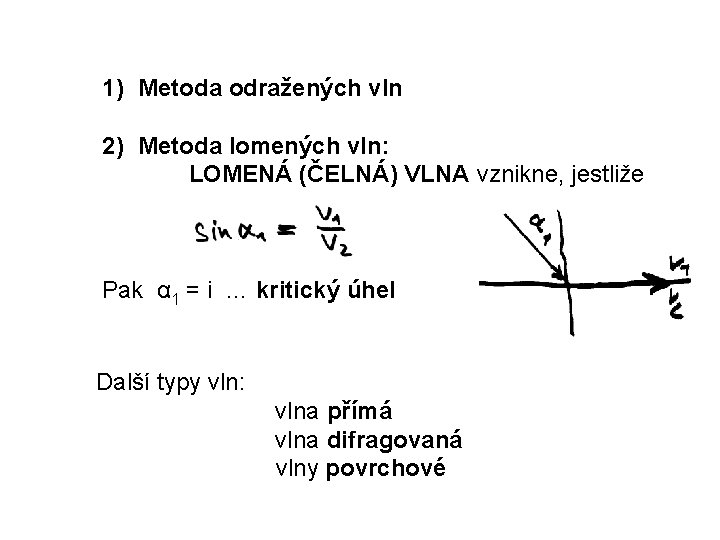 1) Metoda odražených vln 2) Metoda lomených vln: LOMENÁ (ČELNÁ) VLNA vznikne, jestliže Pak 1) Metoda odražených vln 2) Metoda lomených vln: LOMENÁ (ČELNÁ) VLNA vznikne, jestliže Pak