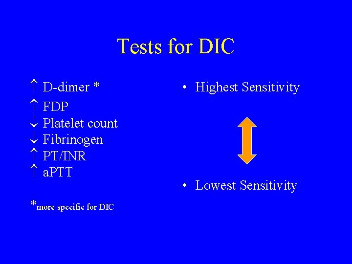 Tests for DIC D-dimer * FDP Platelet count Fibrinogen PT/INR a. PTT *more specific