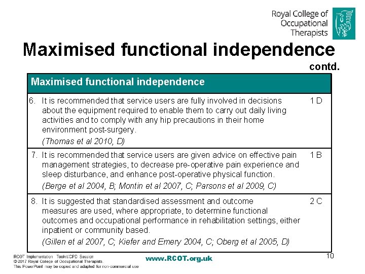 Maximised functional independence contd. Maximised functional independence 6. It is recommended that service users