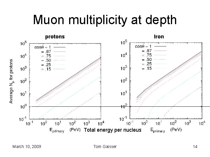 Muon multiplicity at depth protons Iron Total energy per nucleus March 10, 2009 Tom