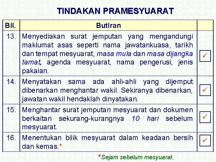 TINDAKAN PRAMESYUARAT Bil. Butiran 13. Menyediakan surat jemputan yang mengandungi maklumat asas seperti nama