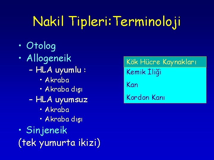 Nakil Tipleri: Terminoloji • Otolog • Allogeneik – HLA uyumlu : • Akraba dışı Nakil Tipleri: Terminoloji • Otolog • Allogeneik – HLA uyumlu : • Akraba dışı