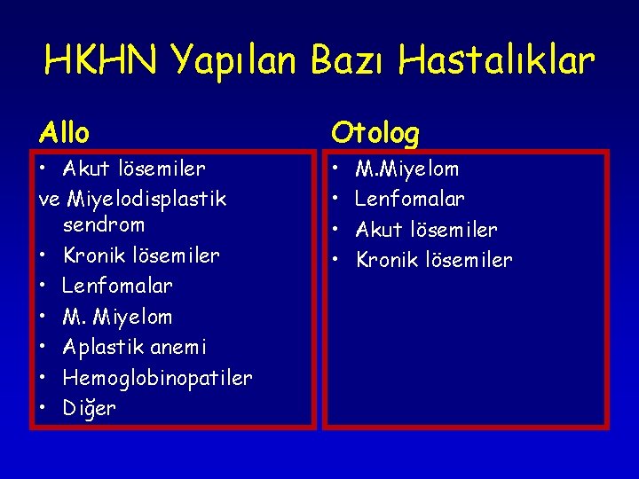 HKHN Yapılan Bazı Hastalıklar Allo Otolog • Akut lösemiler ve Miyelodisplastik sendrom • Kronik HKHN Yapılan Bazı Hastalıklar Allo Otolog • Akut lösemiler ve Miyelodisplastik sendrom • Kronik