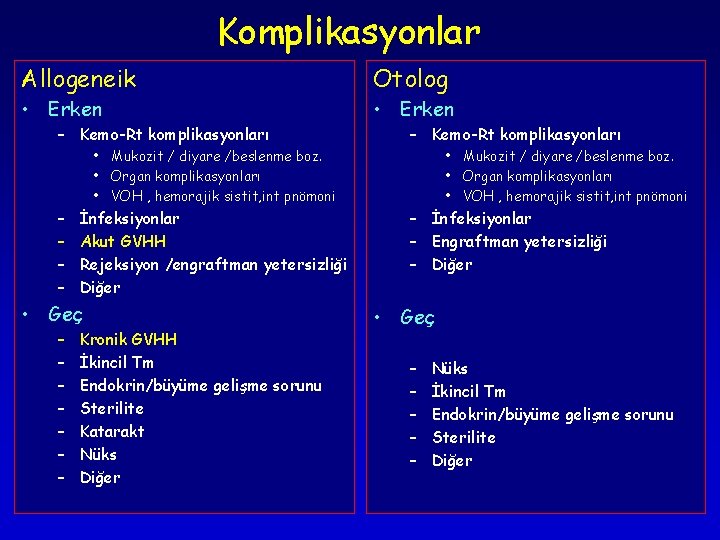 Komplikasyonlar Allogeneik Otolog • Erken – Kemo-Rt komplikasyonları • Mukozit / diyare /beslenme boz. Komplikasyonlar Allogeneik Otolog • Erken – Kemo-Rt komplikasyonları • Mukozit / diyare /beslenme boz.