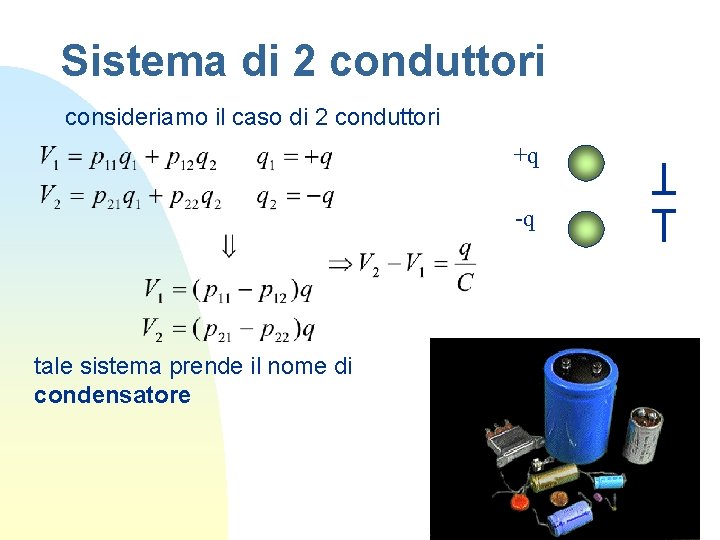 Sistema di 2 conduttori consideriamo il caso di 2 conduttori +q -q tale sistema Sistema di 2 conduttori consideriamo il caso di 2 conduttori +q -q tale sistema