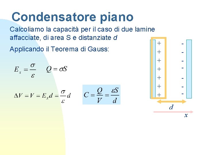 Condensatore piano Calcoliamo la capacità per il caso di due lamine affacciate, di area Condensatore piano Calcoliamo la capacità per il caso di due lamine affacciate, di area